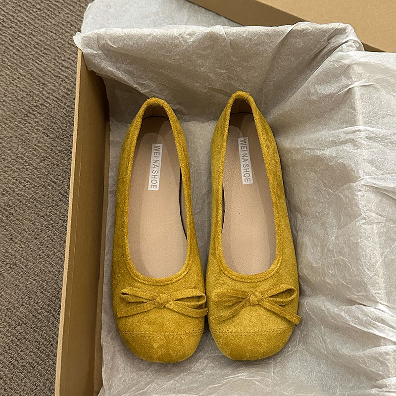 Retro Ballet Flat-soled Red Light-mouth Single Shoes Women's Suede Gentle Soft-soled Doudou Shoes One-pedal Ladyshoes_vogvips.com