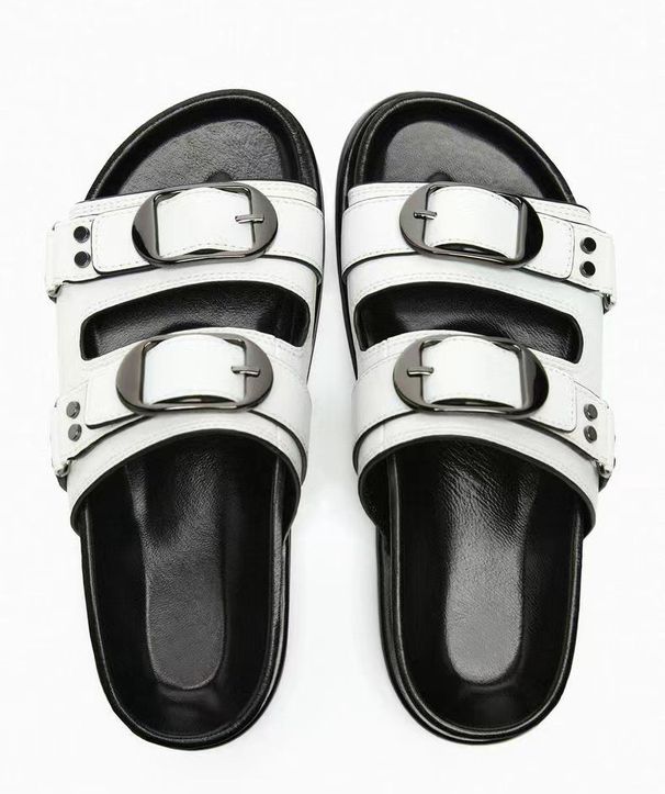 ZA New RA Summer With White Buckle Decoration Thick Slippers For Women Wearing Flat Bottom Riveted Large Women's Shoes_vogvips.com