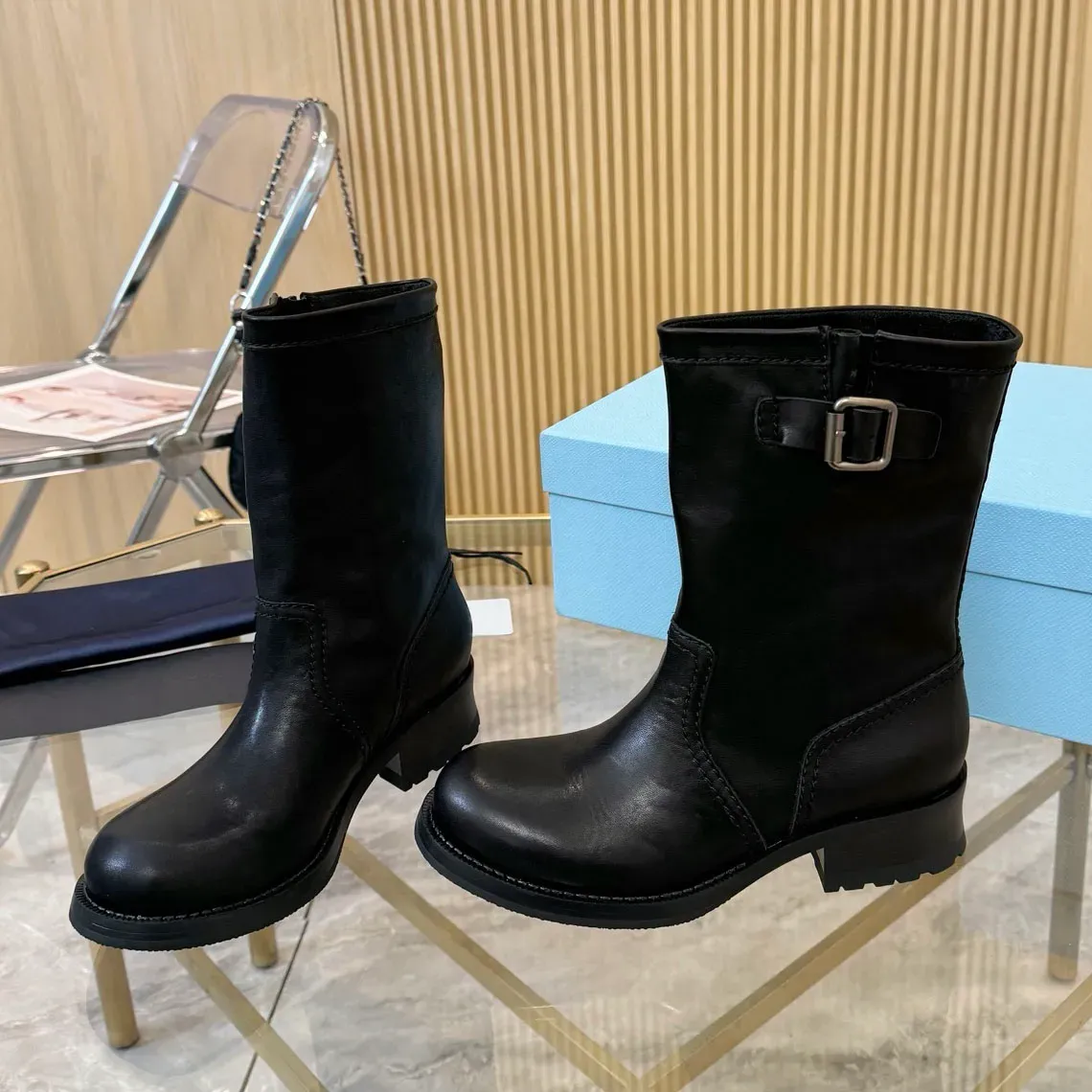 The Latest Womens Mid-Calf Designer Cowhide Fabric Metal Fasteners Low-Heeled And Fashion Boots Classic Casual With_vogvips.com