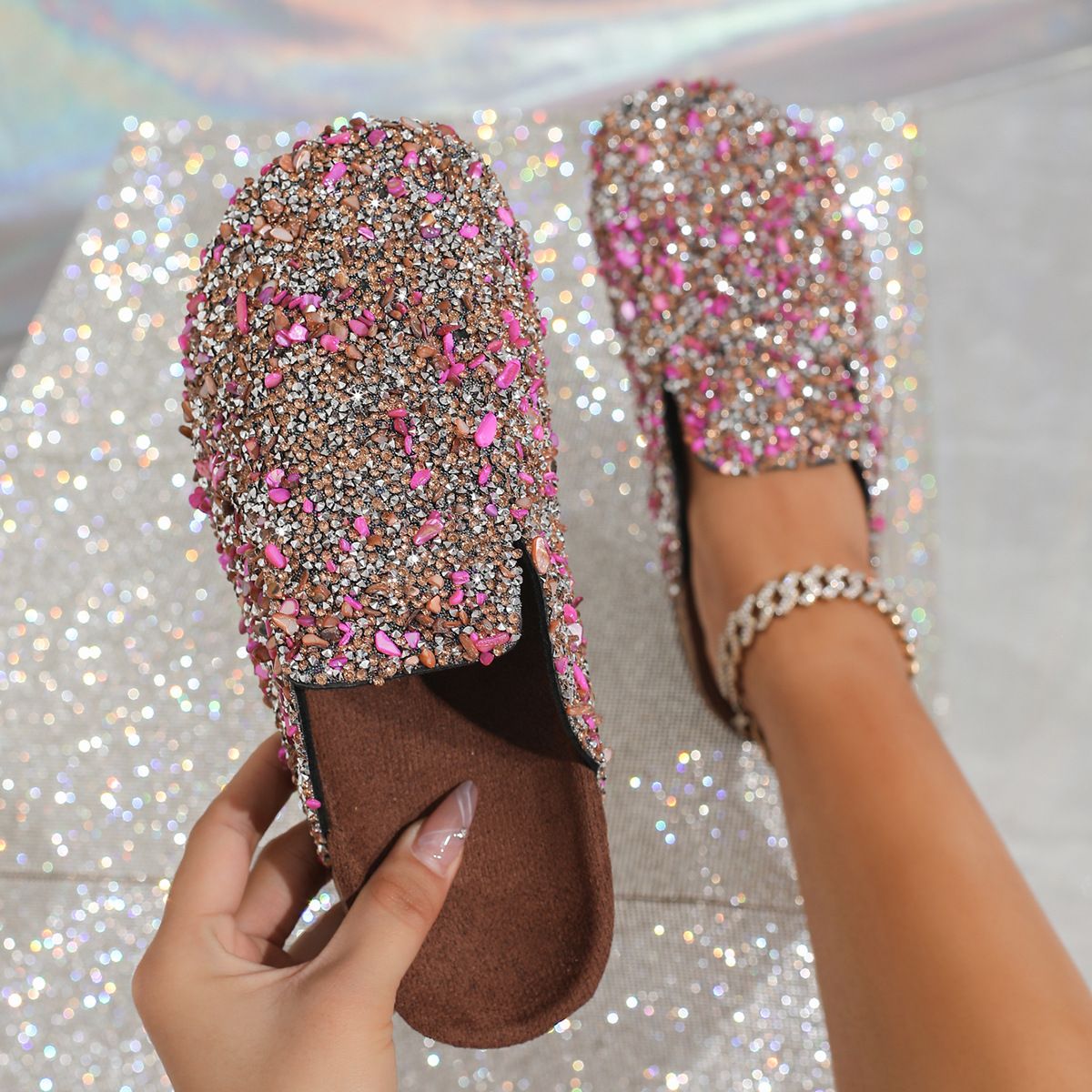 Brick Patterned Slippers, Women's Sequined Half Slippers, Adult Cork Shoes, Comfortable Casual Non Slip European And American Style Sandals._vogvips.com
