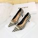 9283-A1 Thin High Heel Shallow Pointed Head Cloth Plaid Houndstooth Metal Chain Pearl Single Shoes_vogvips.com