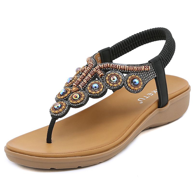 2024 Summer New Bohemian Style Sandwich Beaded Water Diamond Buckle With Elastic Heel Rubber Band Women's Shoes_vogvips.com