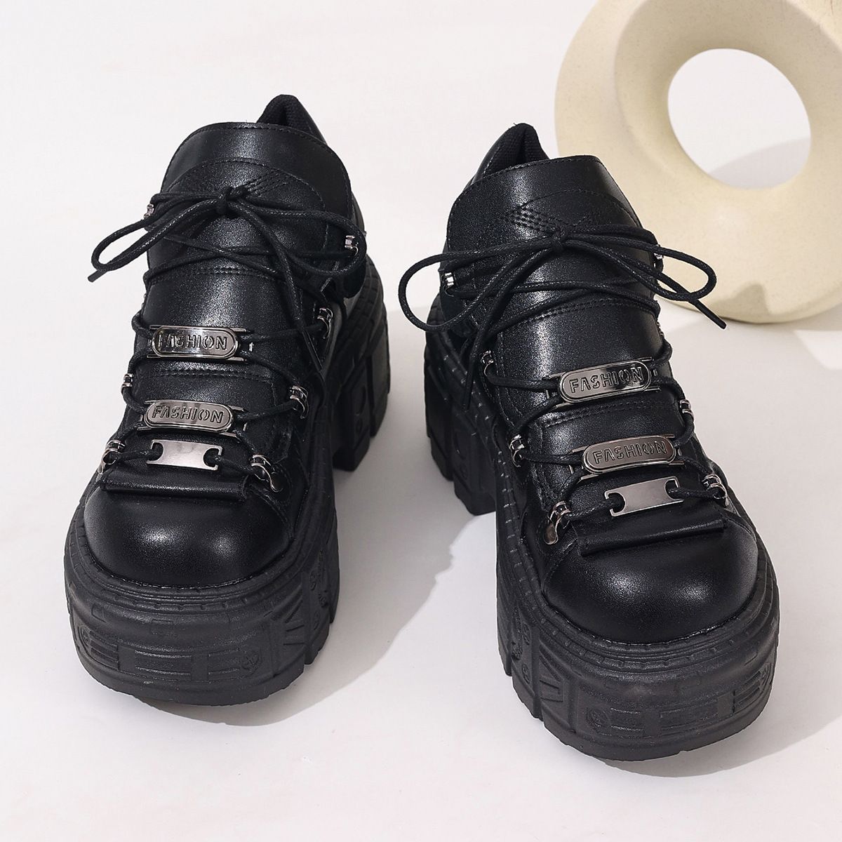 Chunky Platform High-Top Lace-Up Shoes For Women - Fashionable PU Leather Round Toe Boots With Metal Accents & Thick Rubber Sole_vogvips.com
