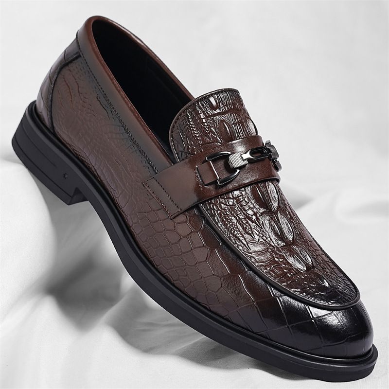Men's Genuine Leather Crocodile Pattern Slip-On Loafers Comfortable Casual Dress Shoes_vogvips.com