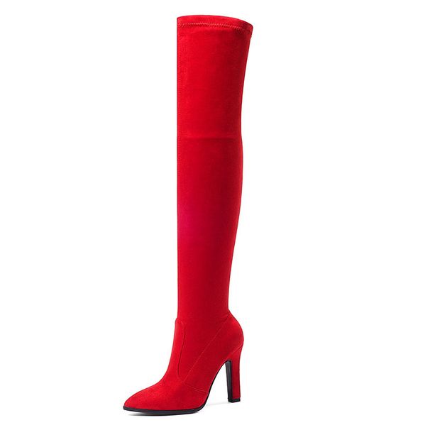 New Pointed Toe Chunky Heel Slimming Over-the-Knee Stretch Suede Plus Size Leg-Wrapping Outdoor Women's High Boots_vogvips.com