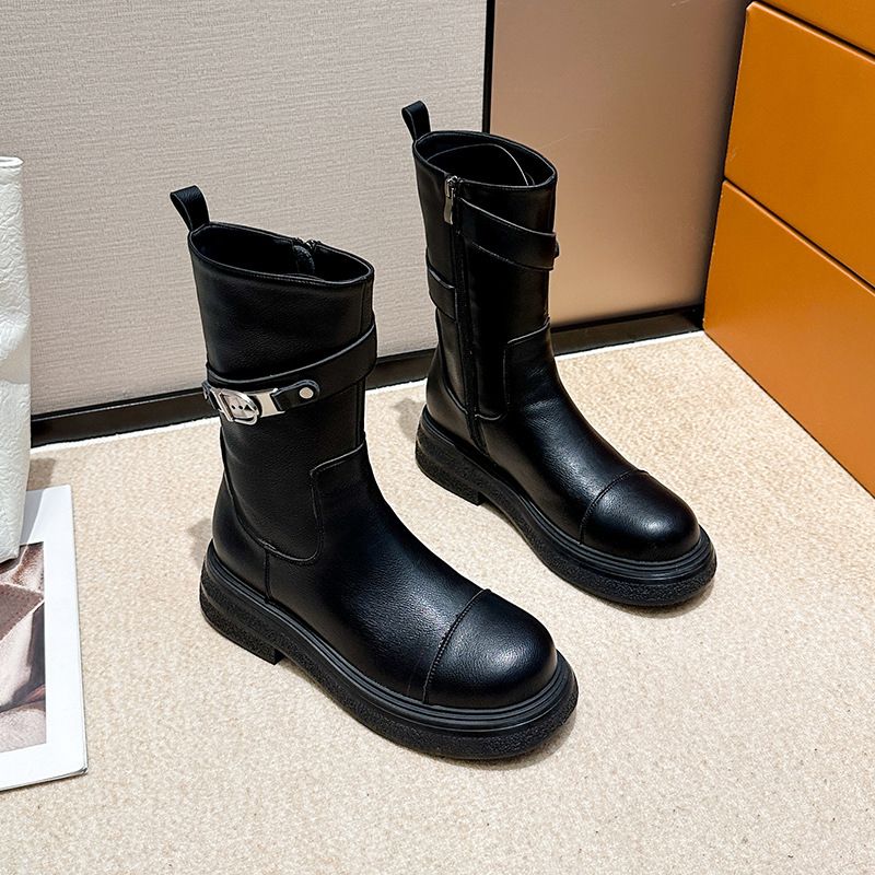 Chunky Sole Leather Brown Boots Women's Retro Martin Boots With Side Zipper Comfortable Mid-Calf Boots For Winter Spring Fall_vogvips.com