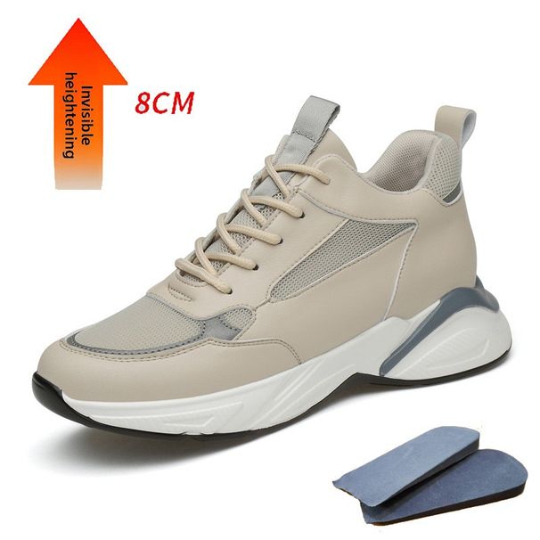 Flying Woven Mesh Sports And Leisure Board Shoes Men's Invisible Inner Height-increasing Shoes White Shoes Lace-up Shallow Single Shoes_vogvips.com