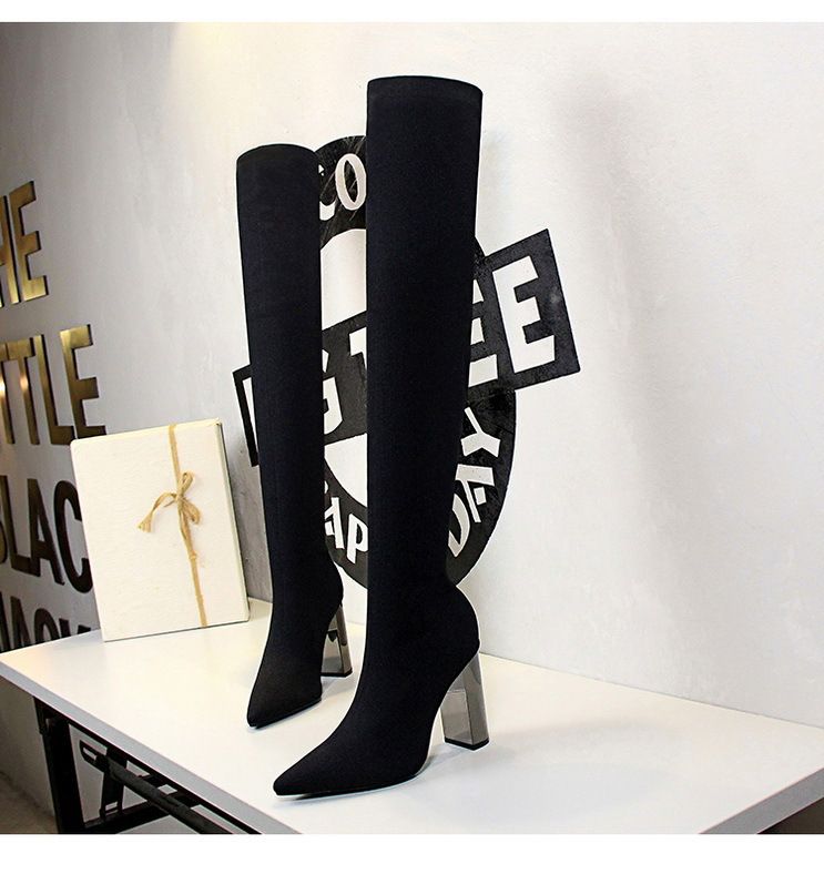 Plus Sock Simple Thick High Heel Pointed Toe Sexy Nightclub Slimming Knitted Over-the-Knee Long Boots Size 42_vogvips.com