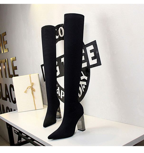 Plus Sock Simple Thick High Heel Pointed Toe Sexy Nightclub Slimming Knitted Over-the-Knee Long Boots Size 42_vogvips.com