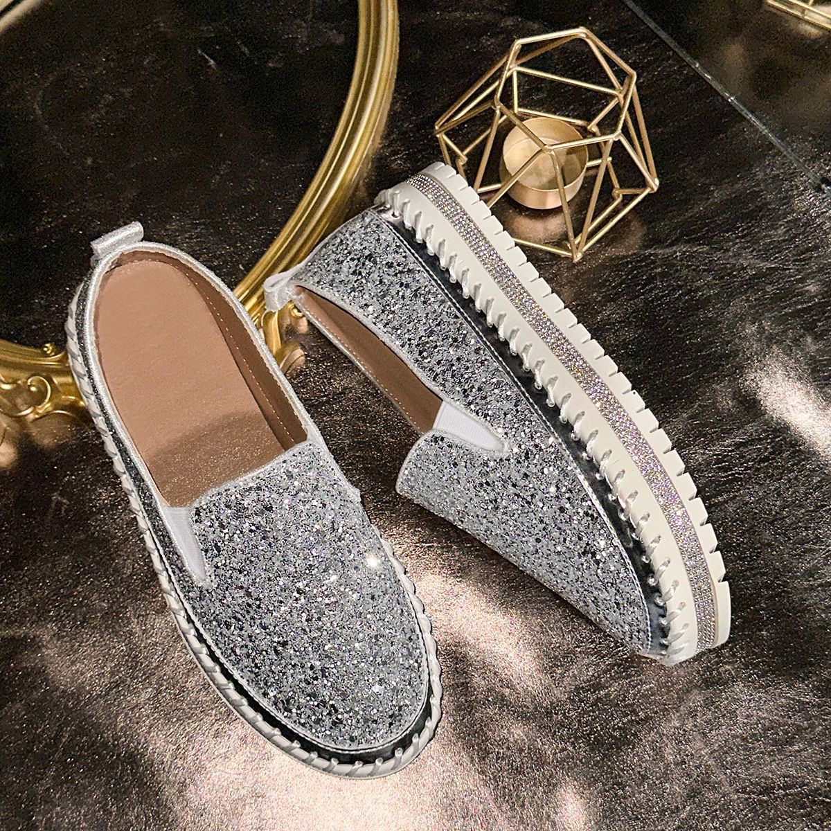 plus Size Women's Casual Glitter Rhinestone Slip-On Shoes Thick Soled Spring Autumn New Style Lazy Shoes_vogvips.com