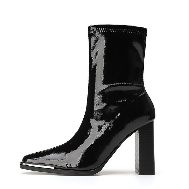 Kendall Jenner Iron Martin New Low-Cut Glossy Slim Chunky Square Toe High Heel Women Autumn Patent Leather Short Boots_vogvips.com