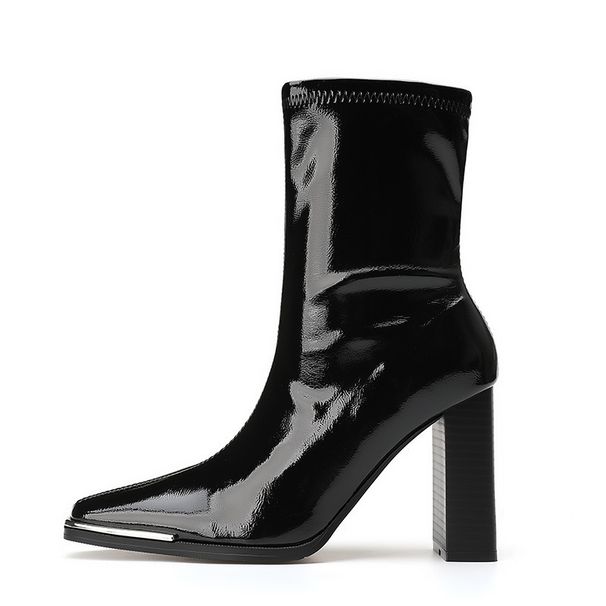Kendall Jenner Iron Martin New Low-Cut Glossy Slim Chunky Square Toe High Heel Women Autumn Patent Leather Short Boots_vogvips.com