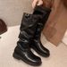 Su Yinyin Same Korean Blogger~ Round Toe Pleated Buckle Strap Chunky Heel Slouch Mid-Calf Long Boots For Women Autumn_vogvips.com