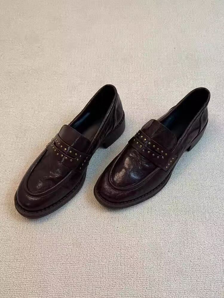 Vintage British Style Loafers For Women - Round Toe Slip-On Shoes With Studs & Wrinkles, Chunky Heel, Black & Brown Casual Flats_vogvips.com