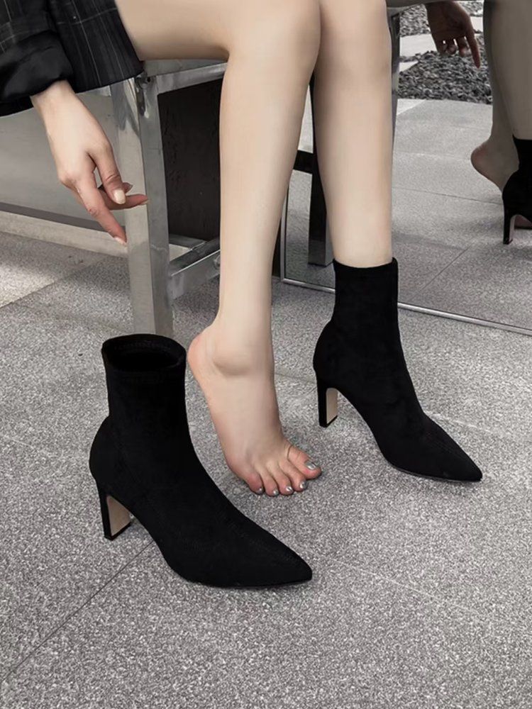 Chic Black Suede Stiletto Ankle Boots Pointed Toe Stretch Slim Fit Boots With High Heel For Fall Winter Stiletto Heel Pointed Toe Stretch Suede_vogvips.com