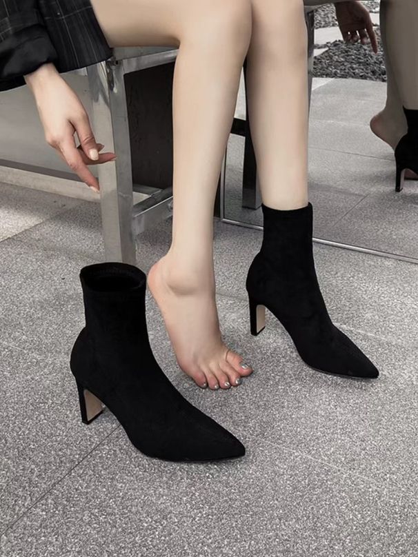 Chic Black Suede Stiletto Ankle Boots Pointed Toe Stretch Slim Fit Boots With High Heel For Fall Winter Stiletto Heel Pointed Toe Stretch Suede_vogvips.com
