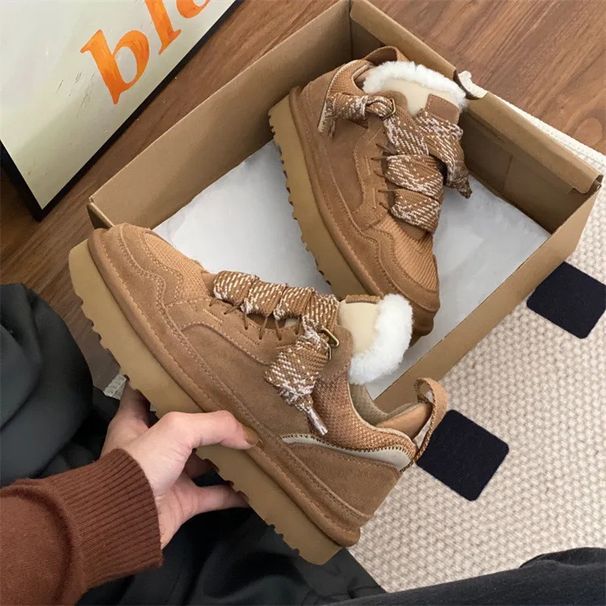 In-Stock Soft Leather Version~Sheepskin Integrated Snow Boots With Laces, Slip-On, Non-Slip, Warm, Sporty, Versatile_vogvips.com