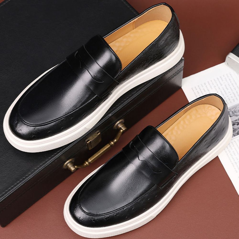 Mens Brown Leather Penny Loafers Comfortable With White Rubber Sole_vogvips.com