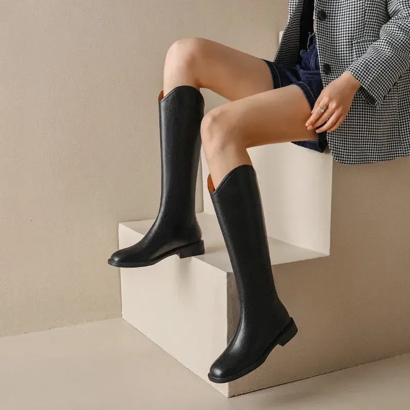 Women Knee-high Genuine Natural Leather Ladies Bootie Autumn And Winter Veet Western Boots Goth Shoes 240708_vogvips.com