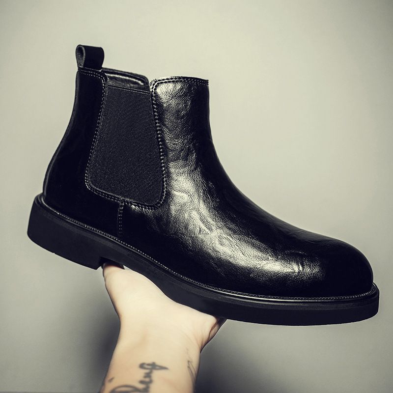 Chelsea Boots Men's Style One-pedal Polished Soft Leather Men's Boots Medium Top Short Boots Men's Shoes Martin Boots_vogvips.com