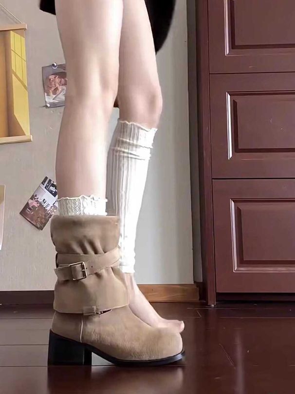 Maillard~Western Cowboy For Women With Belt Buckle, Over-the-Knee Boots, Chunky Heel Slimming Long Riding Boots_vogvips.com