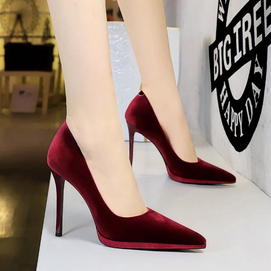 Super High Heel Waterproof Table Women's Shoes Thin Heel Shallow Mouth Pointed Thickened Xishi Suede Shoes_vogvips.com