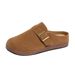 Women's Retro Birken Style Slip-On Slippers With Belt Buckle Brown Suede PU Half Slippers For Autumn Comfortable Outerwear_vogvips.com