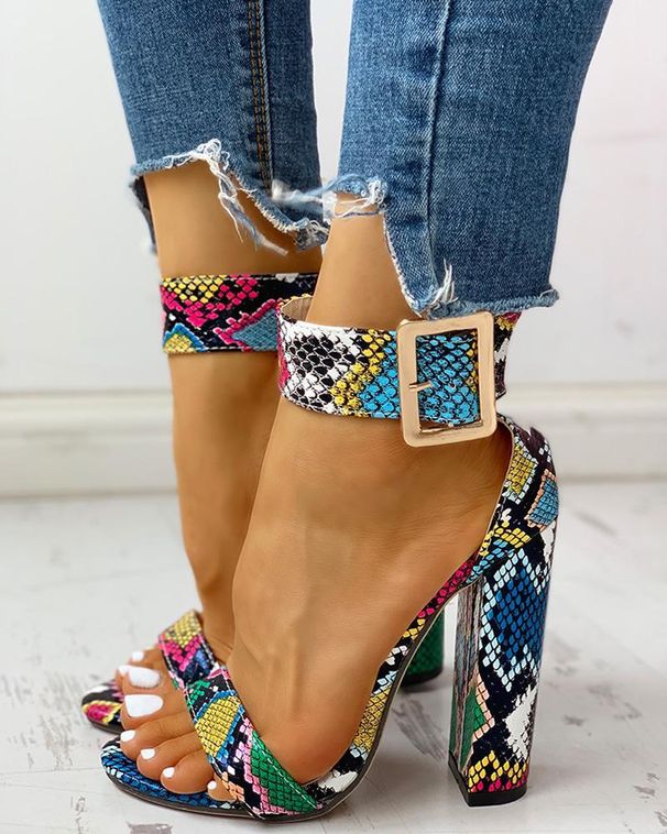 Women's Chunky Heel Pumps Belt Buckle Snake Pattern Thick Heel Sandals Women's Large Size 40 43sandals_vogvips.com