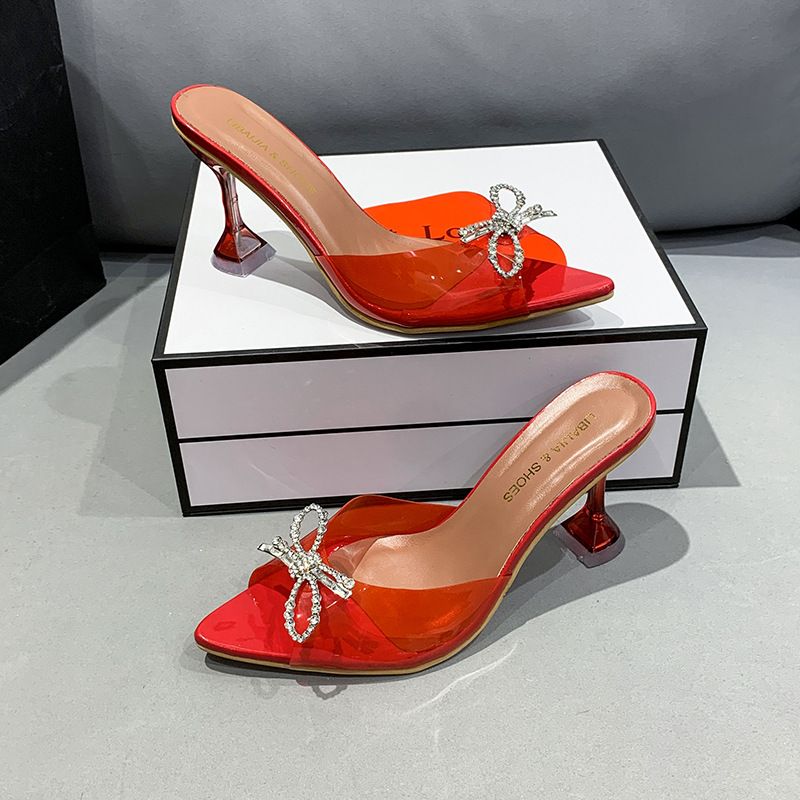 Women’s Shoes Rhinestones Bow Stiletto Crystal Heel Sandals One Line Pointed High Heeled Slippers Slippers_vogvips.com