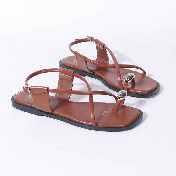 Women's Metallic Toe Ring Flat Sandals - Breathable PU Strappy Roman Gladiator Shoes For Casual & Vacation Wear_vogvips.com