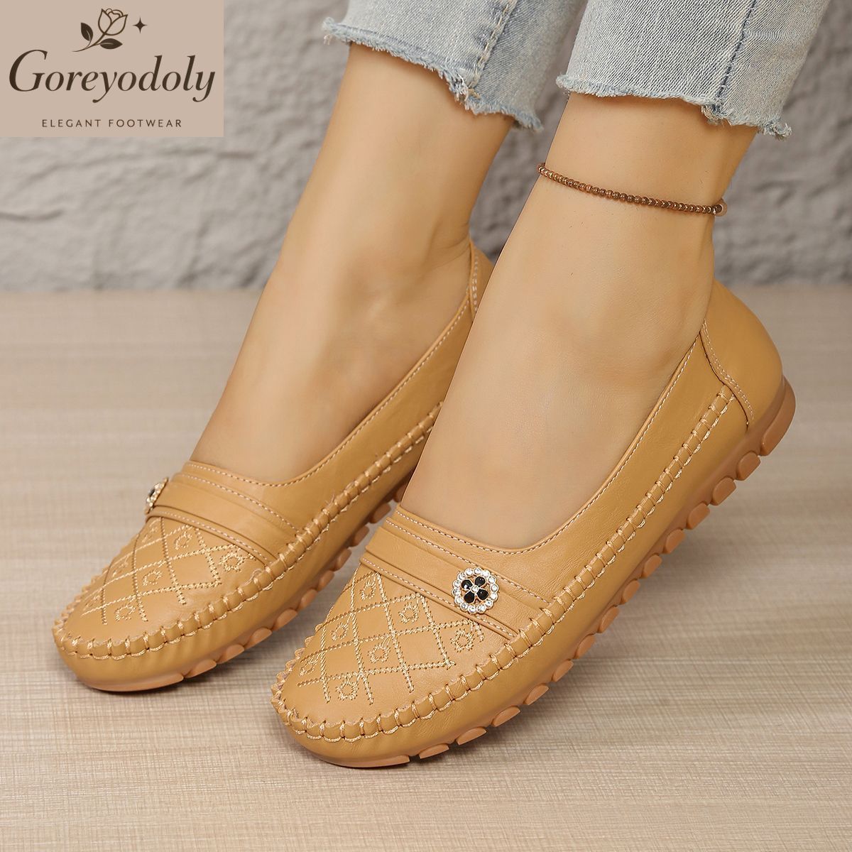 Women's Slippers Flat Shoes, Rhinestone Flower Decorated Artificial Leather Mocasin, Sewn Embroidery Comfortable Anti Slip Walking Flat Shoes_vogvips.com