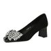 5297-H72 Korean Version Banquet Socialite Women's Square Toe, Mid Heel, Shallow Mouth, Rhinestone Bow, Suede, Coarse_vogvips.com