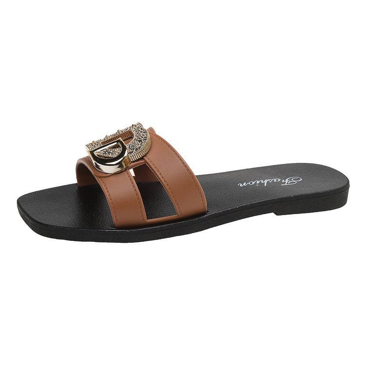Korean Style Rhinestone Slippers Women's Spring Outdoor Indoor Soft Sole Non-Slip Wear-Resistant Beach Sandals_vogvips.com
