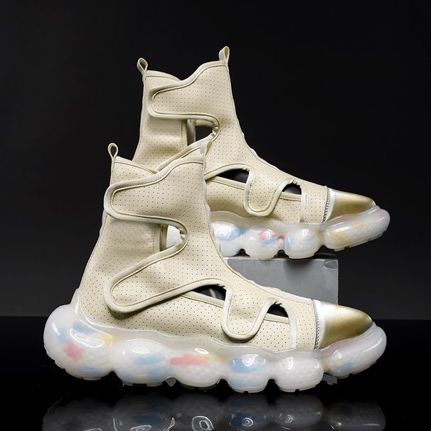 Men's Shoes Air Cushion Men's Summer Fashion Popcorn Sandals Breathable Hollow Leather Shoe Cover High Top Soft Sole Roman Sandals_vogvips.com