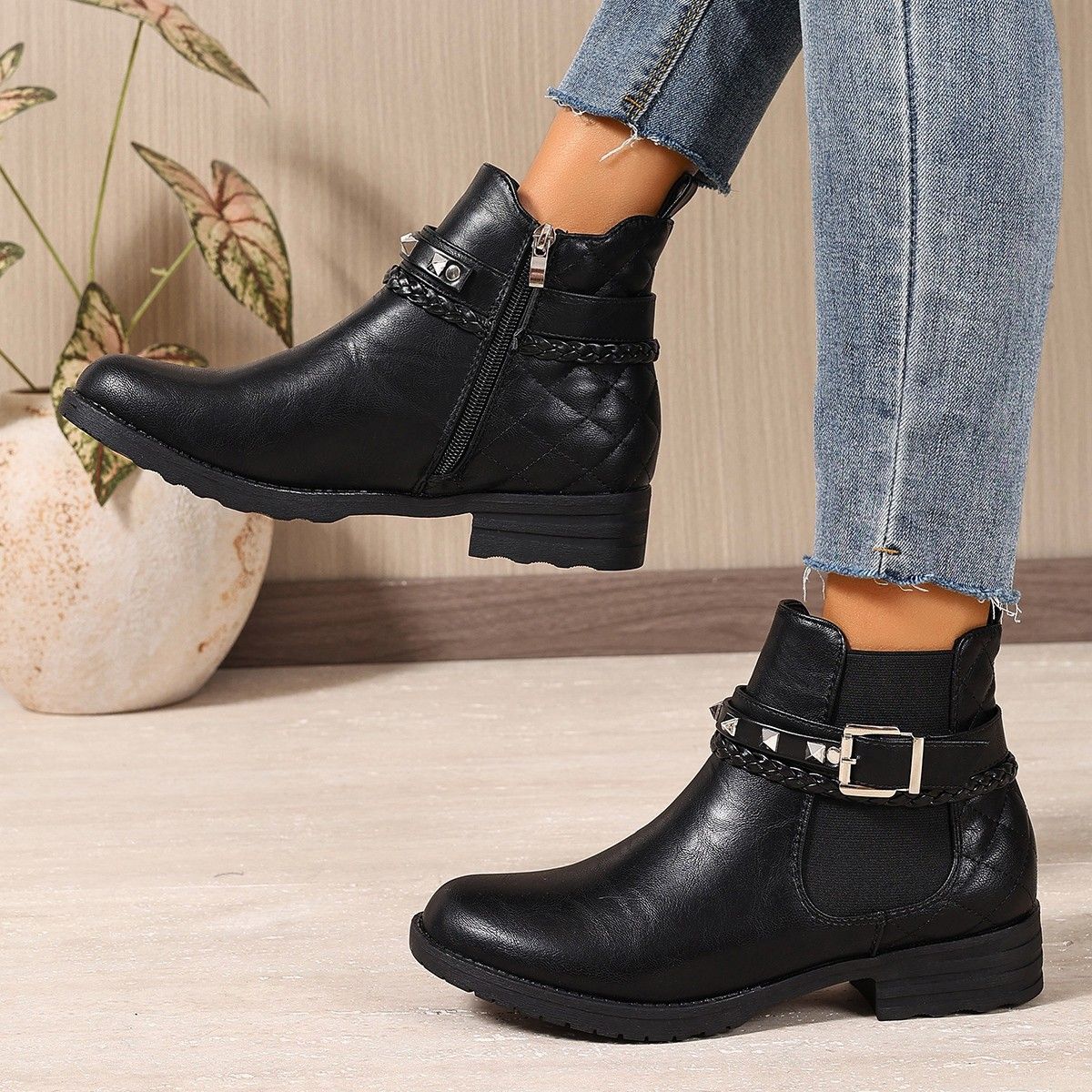 Women's Plus Size British Style Side Zipper Mid-Calf Martin Boots – Comfortable Round Toe Casual Boots With Buckle Detail_vogvips.com
