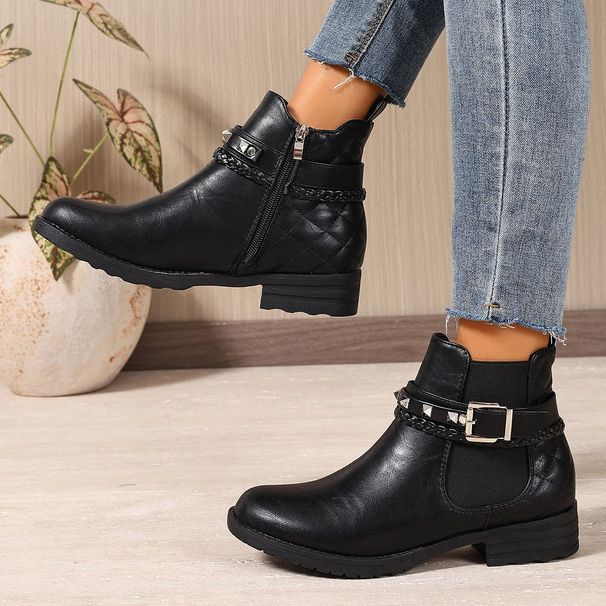 Women's Plus Size British Style Side Zipper Mid-Calf Martin Boots – Comfortable Round Toe Casual Boots With Buckle Detail_vogvips.com