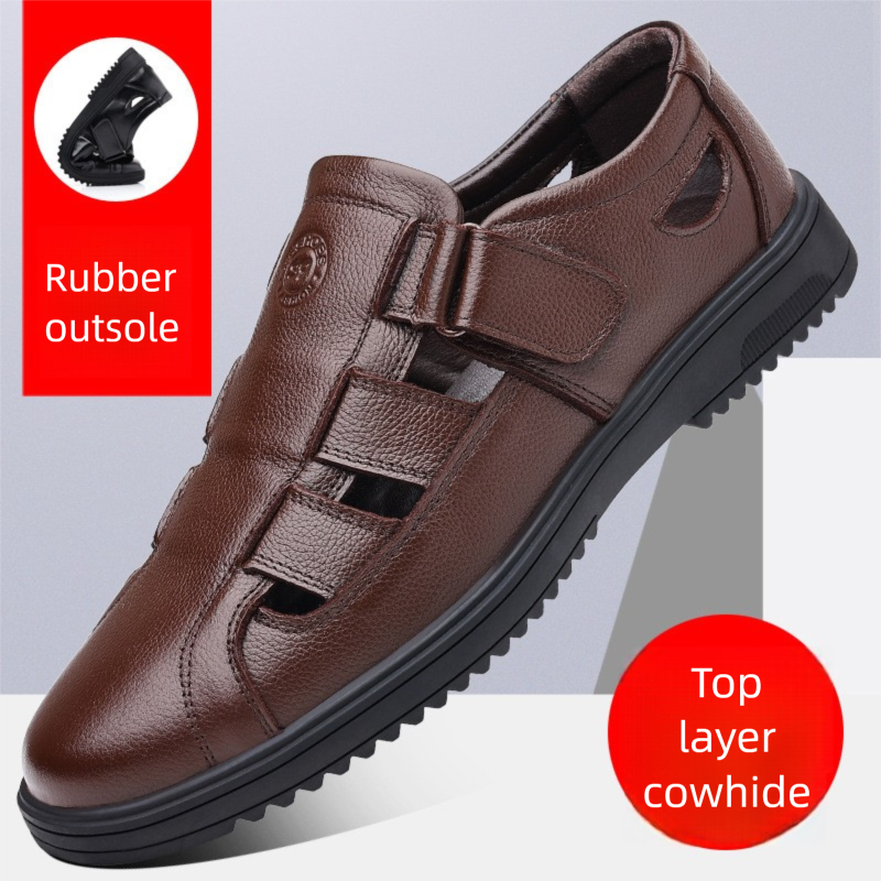 Top Layer Cow Leather Men's Sandals Middle-aged Elderly Anti-slip Business Casual Outdoor Leather Breathable Sandals_vogvips.com
