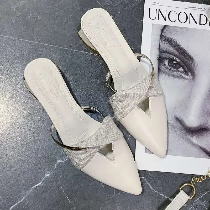 Pointed Toe Sandals Designer Women Summer Slippers Outer Wear Elegant Single Shoes Plus Size Chaussure Femme 2023_vogvips.com