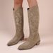 Embroidered V-Cut Martin Boots For Women, Autumn And Winter, Brown Chunky Heel, Mid-Calf, Internet Celebrity Knight_vogvips.com