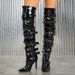 Punk Rock Women's Knee-High Boots With Studs & Buckle Strap - Pointed Toe Stiletto Heel Over The Knee Boots For Women_vogvips.com
