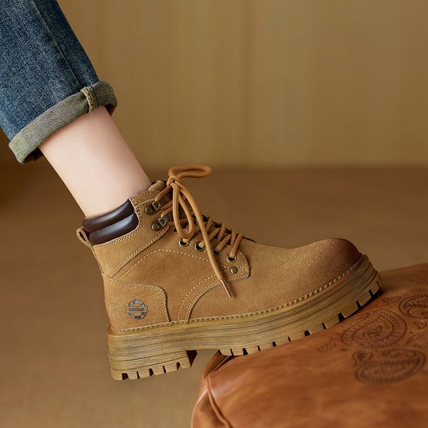 2024 New Genuine Leather Breathable Martin For Women With Hidden Wedge Thick Sole Yellow Work Boots_vogvips.com