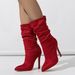 Women's Fashion Pointed Toe Stiletto Boots With Wrinkle Texture - Knee High Suede Boots For Streetwear, Plus Size Available In Black/Red/Nude_vogvips.com