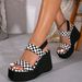 Summer New Black And White Plaid One-Strap Buckle Fashion Casual Thick Breathable Chunky Heel Soft Sole Sandals_vogvips.com