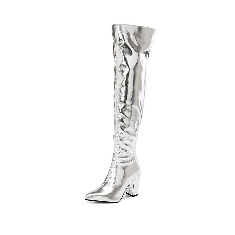 New Sexy Mirror Gloss Pole Dance Long Street Style Party Show Nightclub Chunky High Heel Women's Boots_vogvips.com