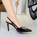 312-K213 European And American Women's High-heeled With Thin Heels, Patent Leather, Shallow Cut, Rhinestones, Metal_vogvips.com