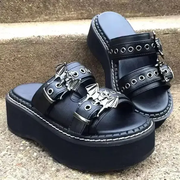 Metal Decoration Designer Summer Sandals Buckles Vampire Cosplay Platform Black Gothic Shoes For Women Slippers_vogvips.com