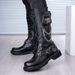 Rock Long Boots, Tall Men's Leather Boots, Skull Iron Chain Lace-Up Cowboy Boots, Thick-Soled Trendy Stage Martin Boots_vogvips.com