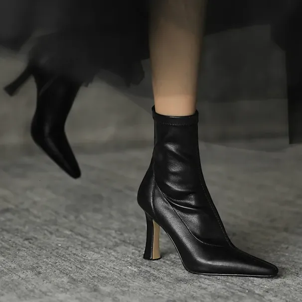 Internet Celebrity Slim Pointed Toe High Short Women 2025 Autumn Winter Single Ins Sexy Chunky Heel Stretch Boots_vogvips.com