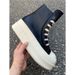 Chunky Platform High-Top Sneakers Double Sole Lace-Up & Side-Zip Casual Shoes In Black Canvas & Leather Thick Soled Double Layer Lace Up Casual Shoes_vogvips.com