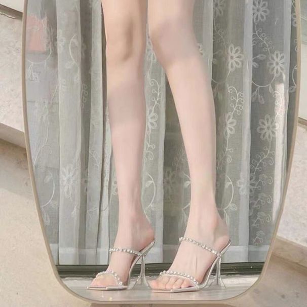 Good-looking Rhinestone Transparent High-heeled Sandals For Women, Summer One-piece Square Toe Sexy Stiletto Crystal Slippers_vogvips.com